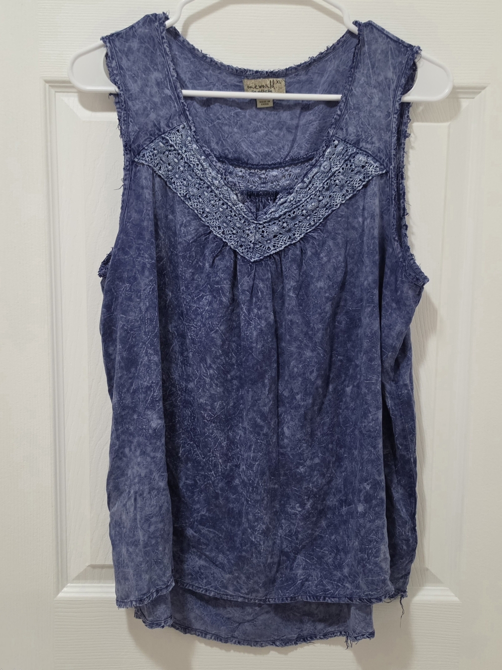 ONE WORLD Washed Indigo Crochet Yoke Tank